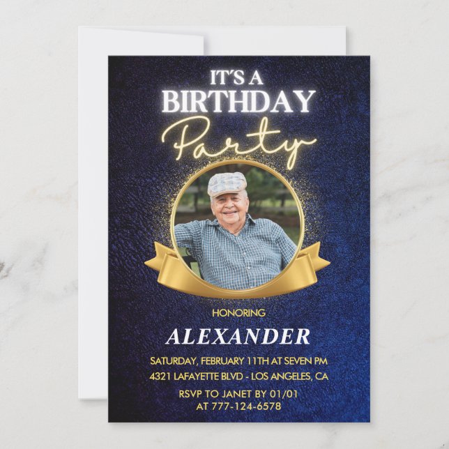 Invitation Elegant Homme Navy Photo 82e anniversaire (Devant)