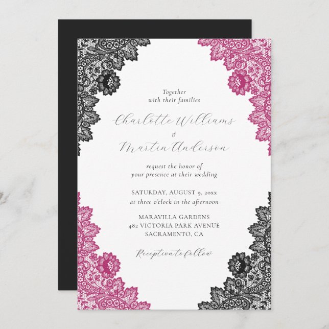 Invitation Elegant Hot Pink and Black Floral Lace Wedding (Devant / Derrière)