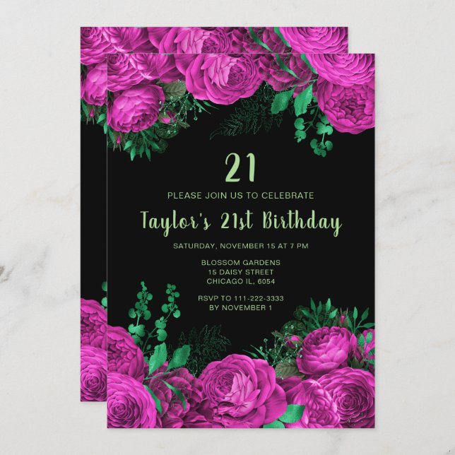 Invitation Elegant Hot Pink Flowers Birthday Party (Devant / Derrière)