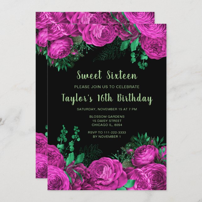 Invitation Elegant Hot Pink Flowers Sweet Sixteen (Devant / Derrière)