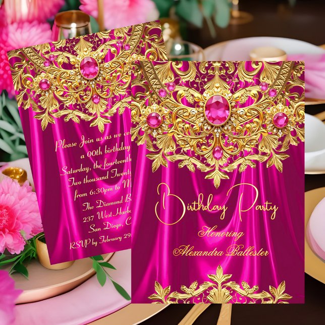 Invitation Elegant Hot Pink gems Gold Lace Damask Birthday (Créateur téléchargé)