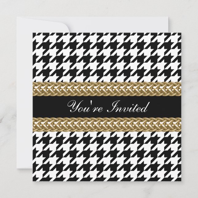 Invitation Elégant Houndstooth Black White Gold Party Invitat (Devant)