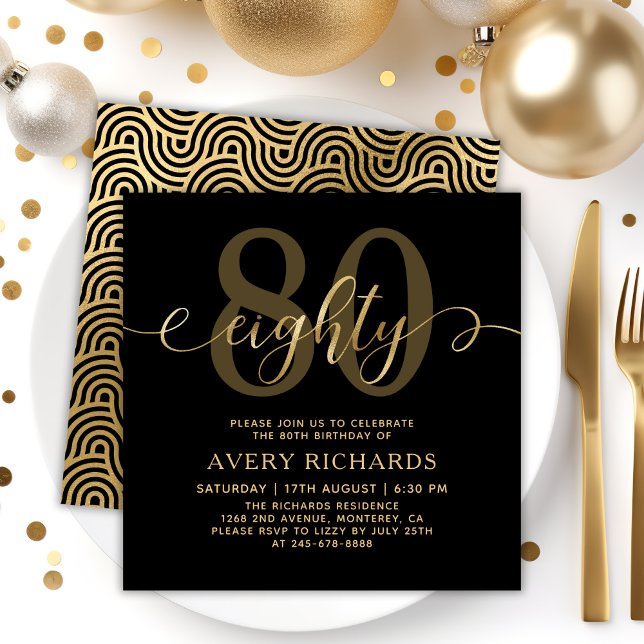 Invitation Elégant huit Gold Script noir 80e anniversaire (Créateur téléchargé)