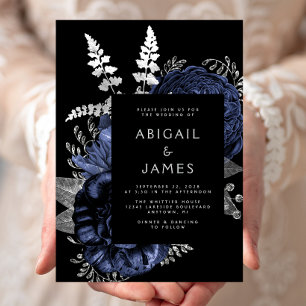Invitation Élégant Humeur Foncé Floral Bleu Marine Argent Mar