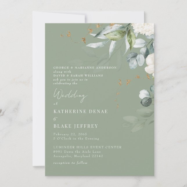 Invitation Élégant Hydrangea Blanche Mariage Sage Deux Parent (Devant)