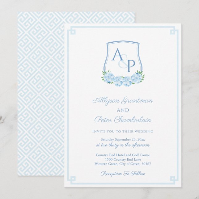 Invitation Élégant Hydrangea Bleu Blason Mariage Monogramme (Devant / Derrière)