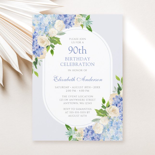 Invitation Élégant Hydrangea Bleu Floral 90ème Anniversaire (Créateur téléchargé)