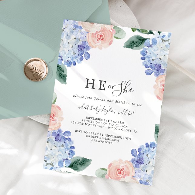 Invitation Elégant Hydrangea Lui ou Elle Genre Revevela Party (Créateur téléchargé)