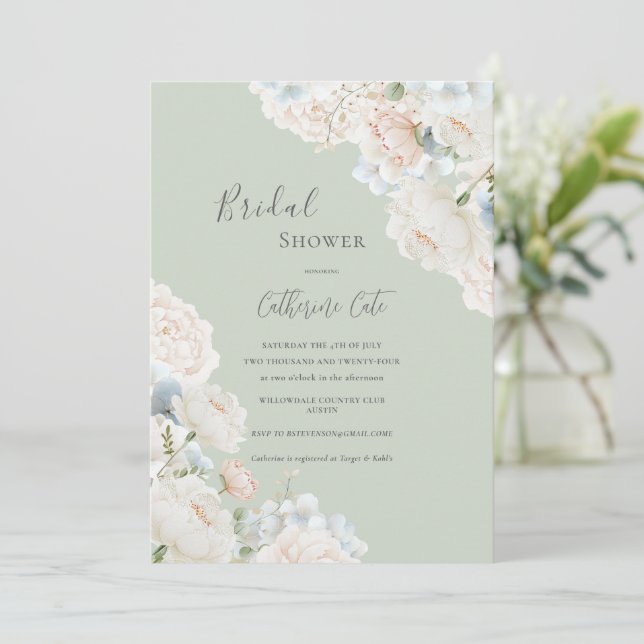 Invitation Elegant Hydrangea Peonies Sage Bridal Shower  (Debout devant)
