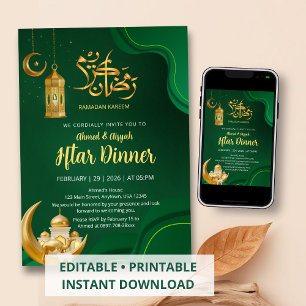 Invitation Élégant Iftar Ramadan vert émeraude et or
