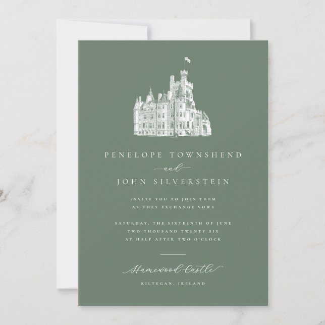 Invitation Elegant Illustration Sage Green Castle Wedding (Devant)