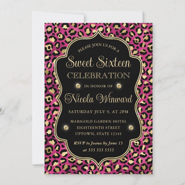 Invitation Élégant Imprimé Léopard Rose Doré Sweet 16 (Devant)