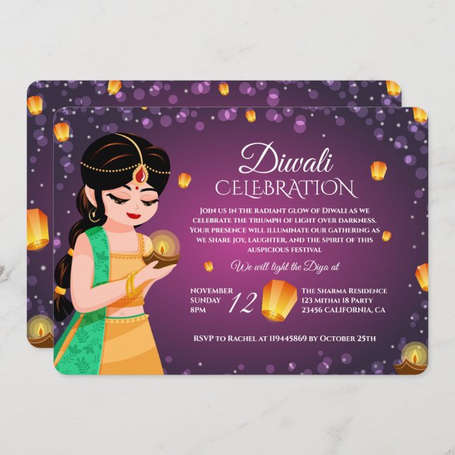 Invitation Elegant Indian Girl Floating Lantern Purple Diwali (Devant / Derrière)