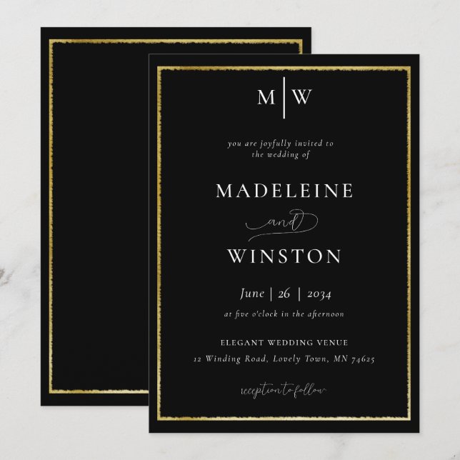 Invitation Élégant Initiales Formelles Noir Blanc Or Mariage (Devant / Derrière)