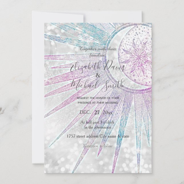 Invitation Elegant Iridescent Sun Moon Mandala Silver Design (Devant)