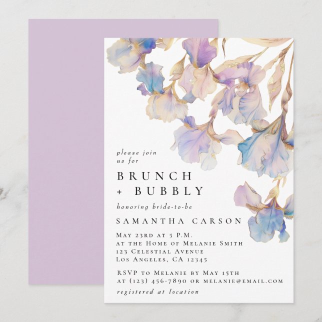 Invitation Elégant Iris Floral Aquarelle Brunch et Bubbly (Devant / Derrière)