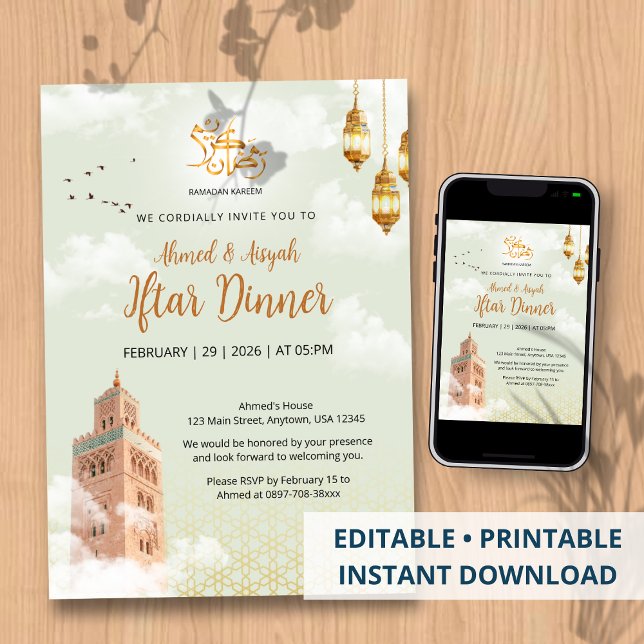 Invitation Elegant Islamic Golden Lantern & Mosque Iftar (Créateur téléchargé)