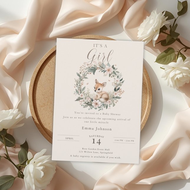 Invitation Elegant It’s a Girl Baby Shower Floral Deer (Créateur téléchargé)