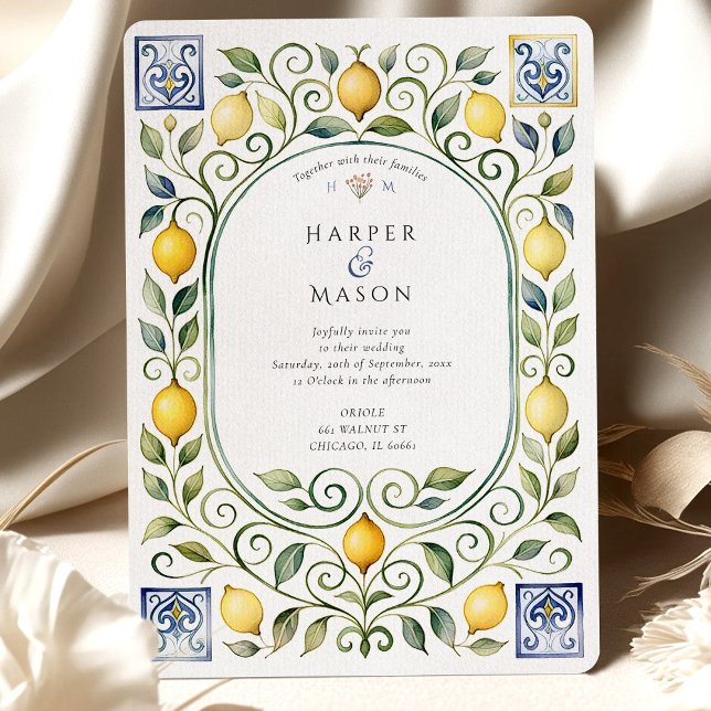 Invitation Elegant Italian Lemon & Blue Tile Wedding (Créateur téléchargé)
