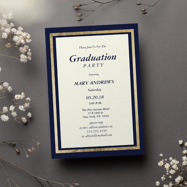 Invitation Elégant ivoire moderne marine bleu or Graduation (Elegant modern ivory navy blue gold Graduation)