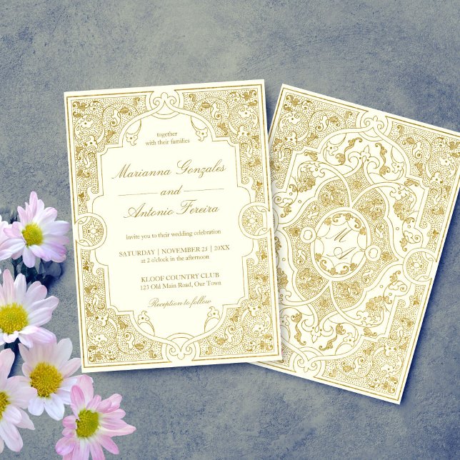 Invitation Élégant ivoire or vintage cadre orné mariage (Elegant gold ivory vintage ornate frame wedding invitation template digital download antique chic)