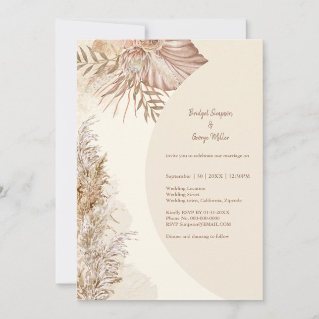 Invitation Elégant ivoire rustique boho pampas herbe mariage (Devant)
