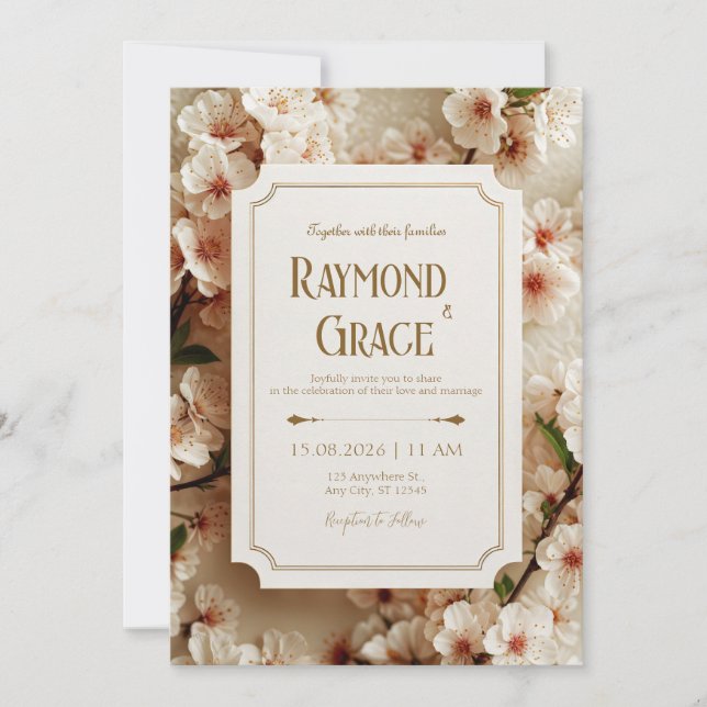Invitation Elegant Ivory Sakura Floral Gilded Ticket Wedding (Devant)