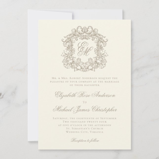 Invitation Elegant Ivory Vintage Crest Monogram Wedding (Devant)