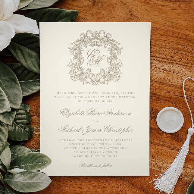 Invitation Elegant Ivory Vintage Crest Monogram Wedding (Créateur téléchargé)