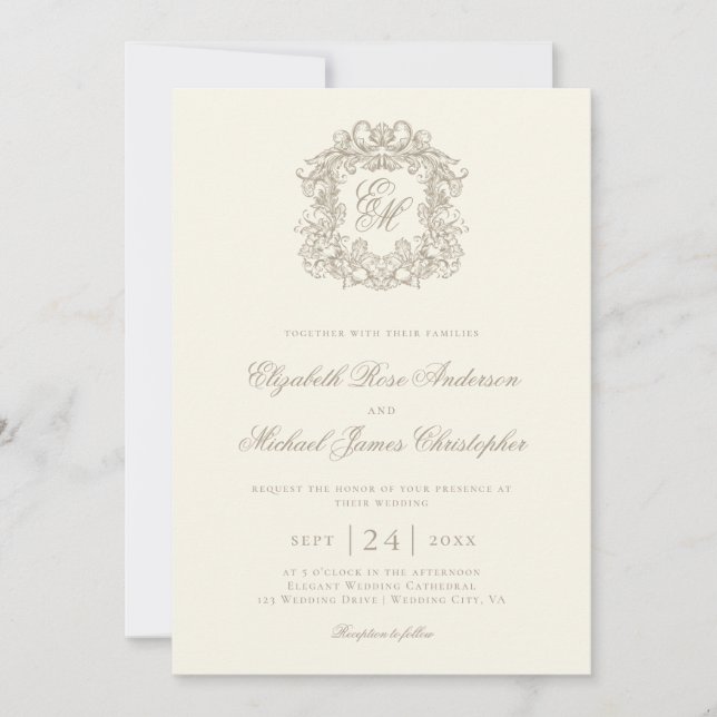 Invitation Elegant Ivory Vintage Monogram Crest Wedding (Devant)
