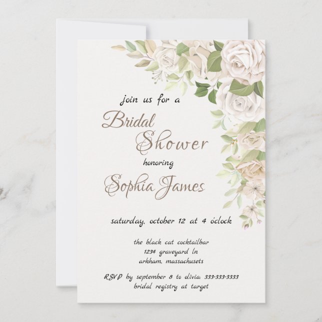 Invitation elegant Ivory White Roses Bridal Shower  (Devant)