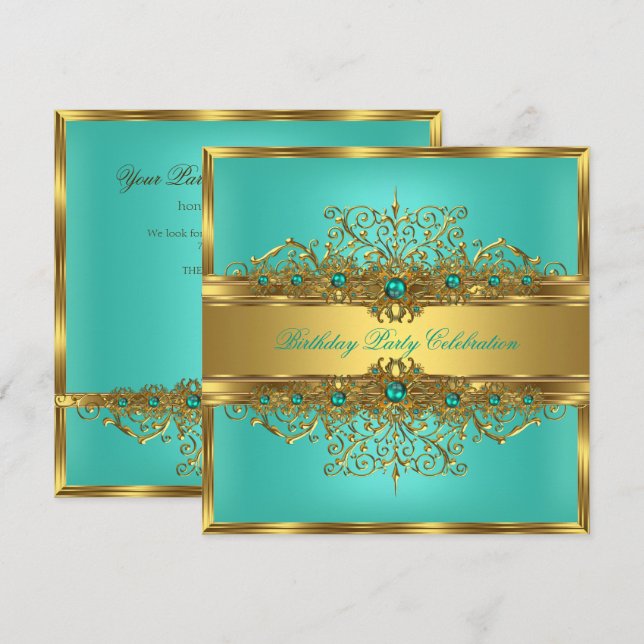 Invitation Élégant Jade Vert Turquoise Perles Doré Soirée (Devant / Derrière)