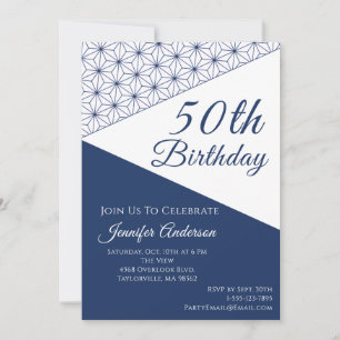 Invitation Élégant Jalon de 50 ans Bleu Nuit & Blanc Géométri