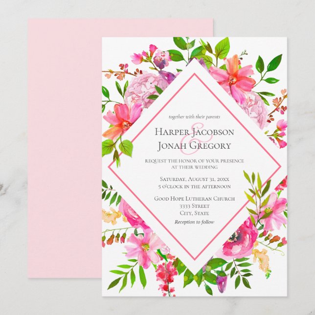 Invitation Elégant jardin Aquarelle rose Floral Mariage (Devant / Derrière)