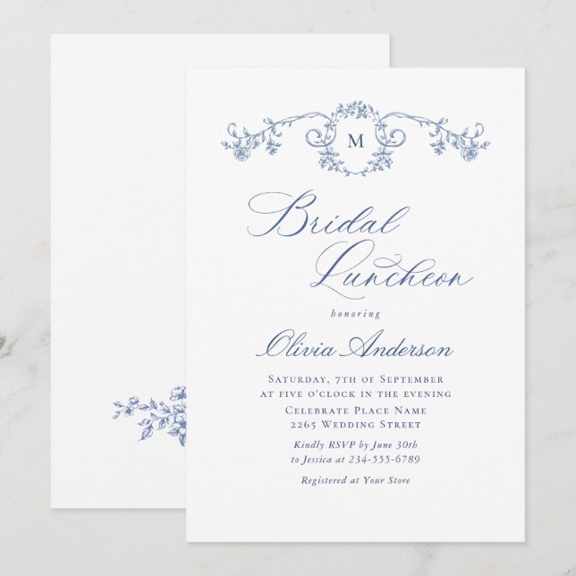 Invitation Élégant Jardin Bleu Toile Français Jardin BRIDAL L (Devant / Derrière)