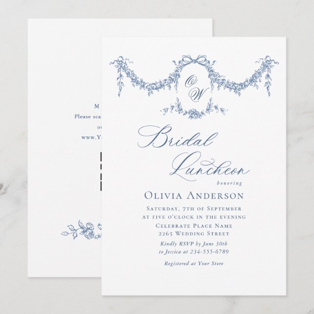 Invitation Élégant Jardin Bleu Toile Français Jardin BRIDAL L (Devant / Derrière)