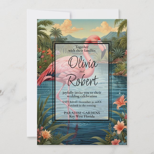 Invitation Elégant jardin boho tropical flamand rose rétro (Devant)