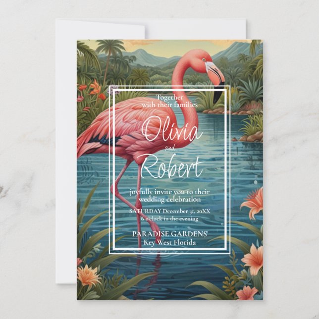 Invitation Elégant jardin boho tropical flamand rose rétro (Devant)