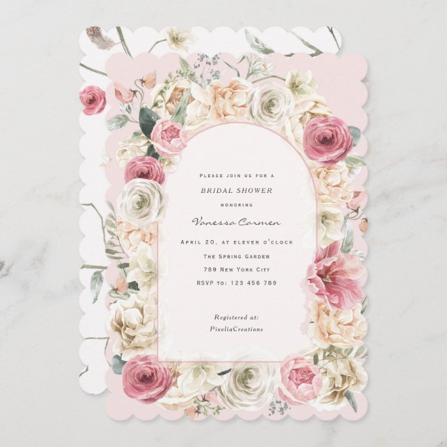 Invitation Elégant jardin de printemps rose vif douche nuptia (Devant / Derrière)