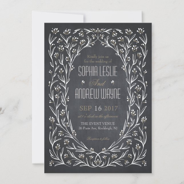 Invitation Elégant jardin fleuri chalkboard rustique mariage (Devant)