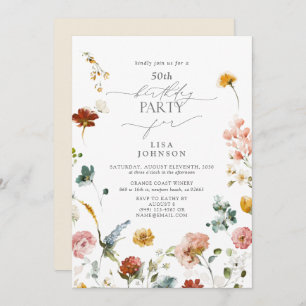 Invitation Elégant Jardin Fleurs Aquarelle 50e Anniversaire
