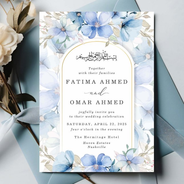 Invitation Elégant Jardin Floral Bleu Mariage musulman islami (Créateur téléchargé)