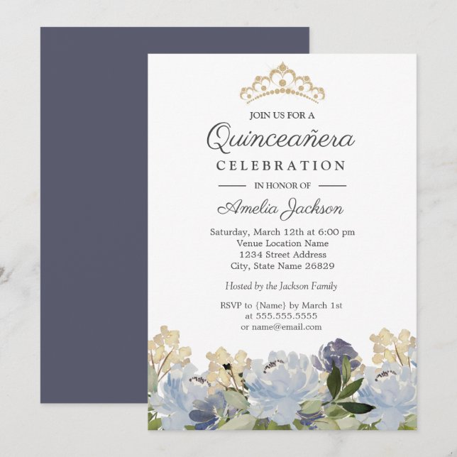 Invitation Elégant Jardin Floral Bleu Tiara Quinceanera (Devant / Derrière)