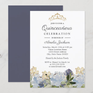 Invitation Elégant Jardin Floral Bleu Tiara Quinceanera