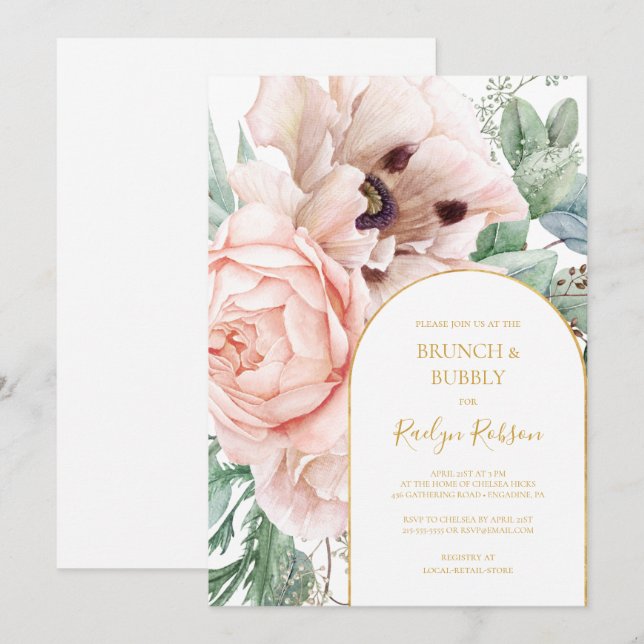 Invitation Elégant Jardin Floral Blush | Brunch et bulle (Devant / Derrière)