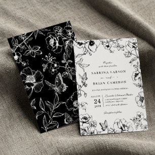 Invitation Elégant Jardin Floral Noir Et Blanc Mariage