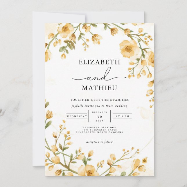 Invitation Elégant Jardin Floral Ocre Mariage (Devant)