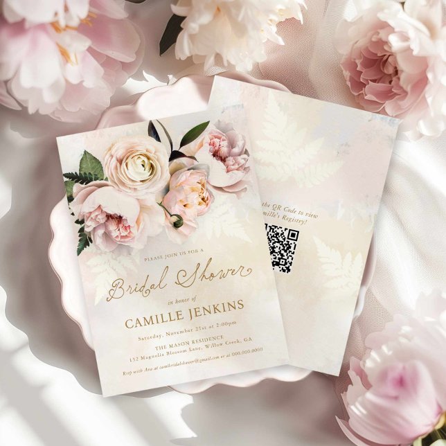 Invitation Elégant Jardin Floral Rose QR Code Fête des mariée (Pink Blush Floral Garden Bridal Shower Invitation)