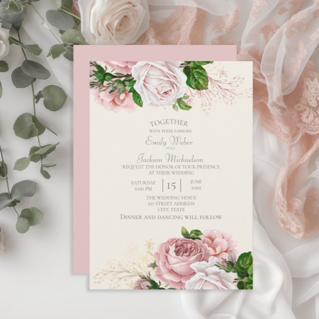 Invitation Élégant jardin rose floral roses crème mariage (Blush pink vintage floral wedding invitation)