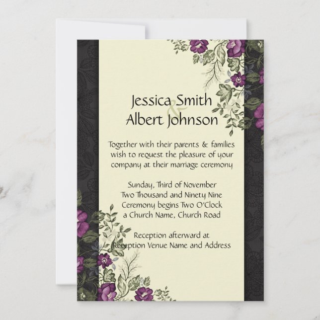 Invitation Elégant Jardin violet Floral Ivory Mariage damassé (Devant)